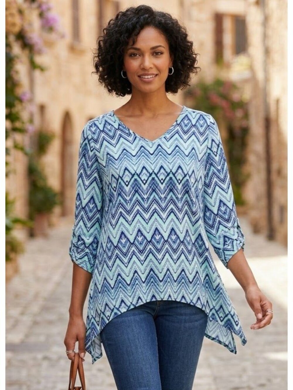 Zac & Rachel Womens Chevron Print Tunic Top With Adjustable Tab Sleeves - Size S